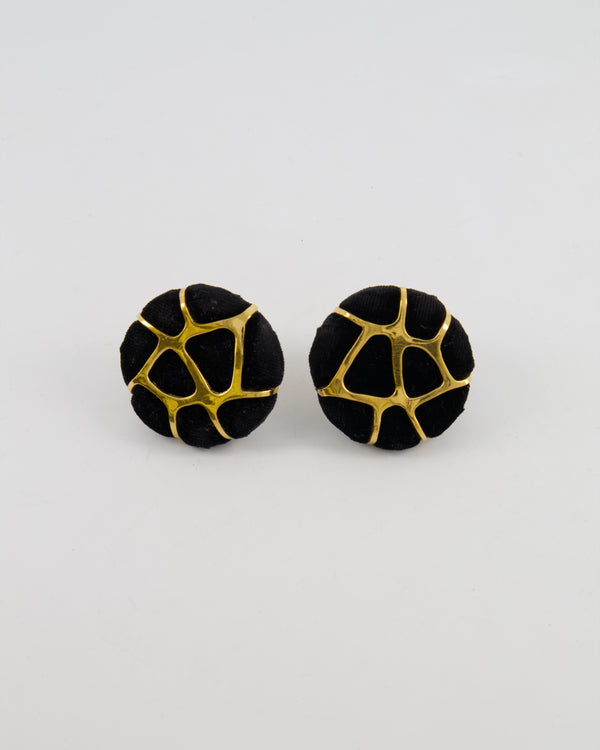 Chanel 2005 Vintage Black Velours and Gold Giraffe Clip On Earrings