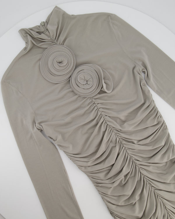 Magda Butrym Grey Ruched Stretch-Jersey Mini Dress with 3D Flower Appliqué Size FR 36 (UK 8)