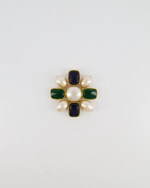 Chanel 2003 Vintage Pearl Brooch with Green and Navy Stones with Gold Details