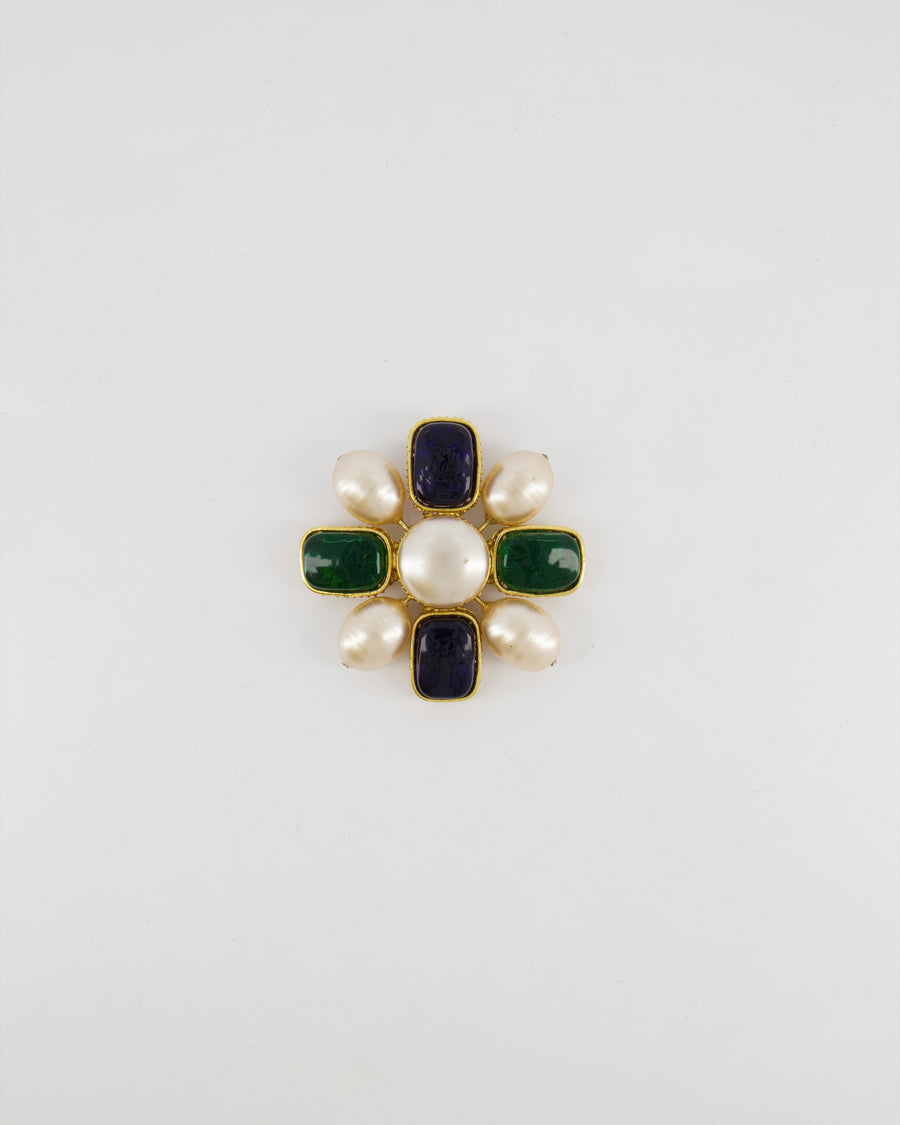 Chanel 2003 Vintage Pearl Brooch with Green and Navy Stones with Gold Details