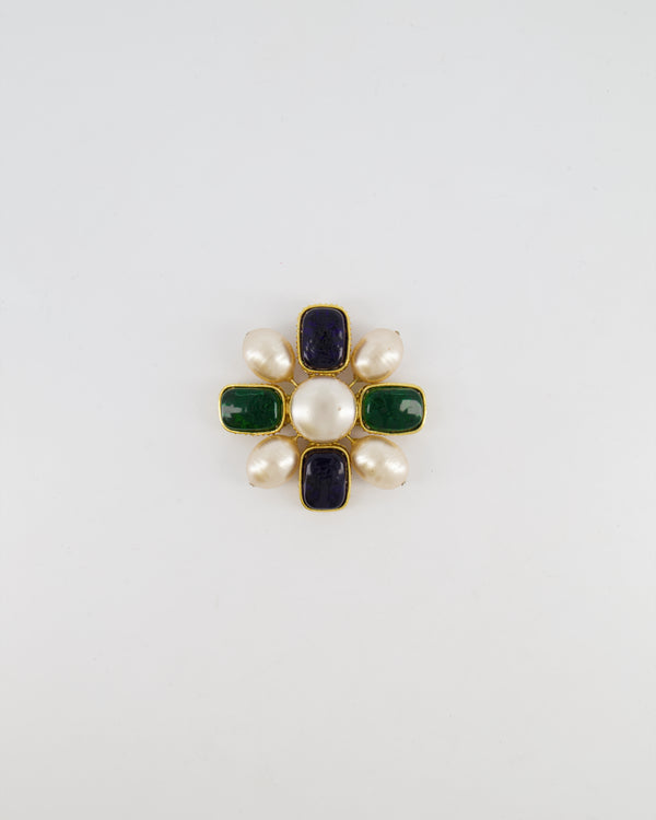 Chanel 2003 Vintage Pearl Brooch with Green and Navy Stones with Gold Details