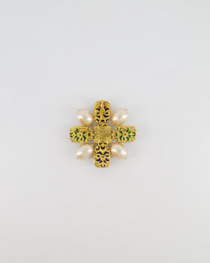 Chanel 2003 Vintage Pearl Brooch with Green and Navy Stones with Gold Details