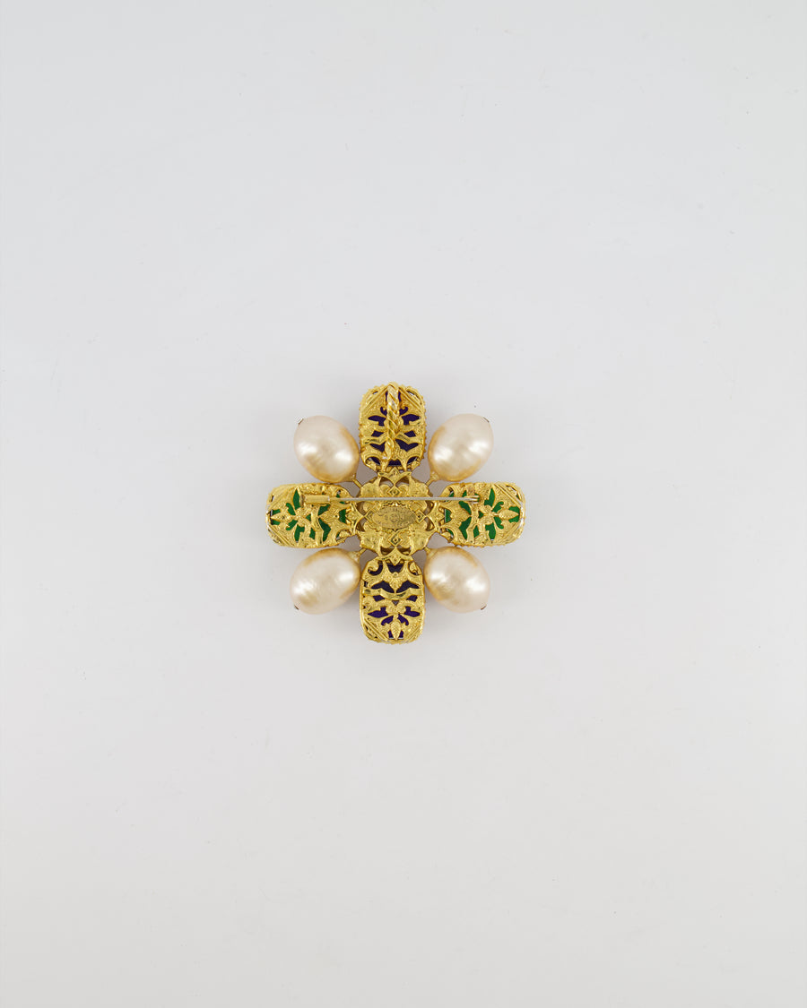 Chanel 2003 Vintage Pearl Brooch with Green and Navy Stones with Gold Details
