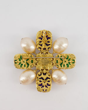 Chanel 2003 Vintage Pearl Brooch with Green and Navy Stones with Gold Details