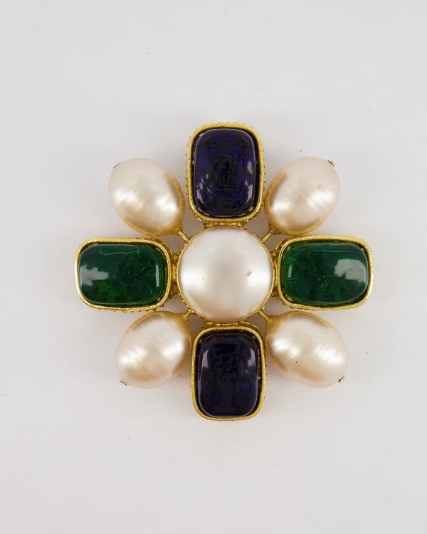 Chanel 2003 Vintage Pearl Brooch with Green and Navy Stones with Gold Details