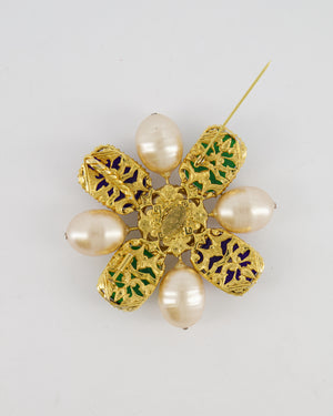 Chanel 2003 Vintage Pearl Brooch with Green and Navy Stones with Gold Details