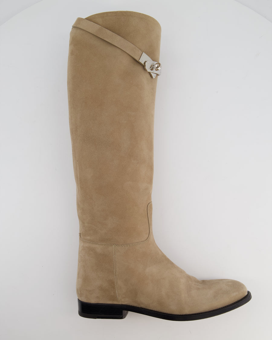 Hermès Beige Sable Jumping Boots in Suede Leather with Palladium Buckle Size EU 37.5 RRP £2300