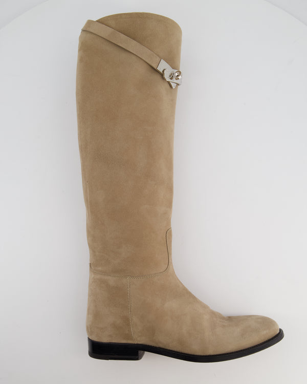 Hermès Beige Sable Jumping Boots in Suede Leather with Palladium Buckle Size EU 37.5 RRP £2300