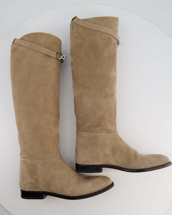 Hermès Beige Sable Jumping Boots in Suede Leather with Palladium Buckle Size EU 37.5 RRP £2300