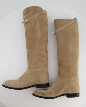 Hermès Beige Sable Jumping Boots in Suede Leather with Palladium Buckle Size EU 37.5 RRP £2300