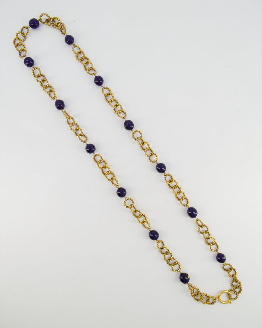 Chanel 2005 Vintage Brushed Gold Chain Necklace with Navy Blue Stones