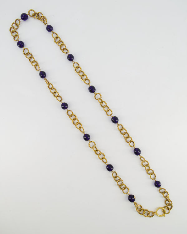 Chanel 2005 Vintage Brushed Gold Chain Necklace with Navy Blue Stones