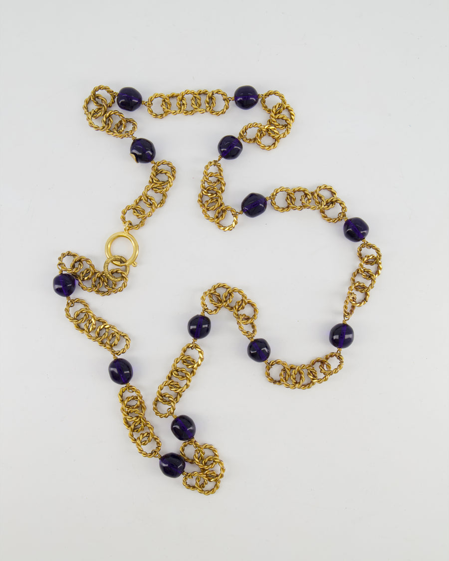Chanel 2005 Vintage Brushed Gold Chain Necklace with Navy Blue Stones