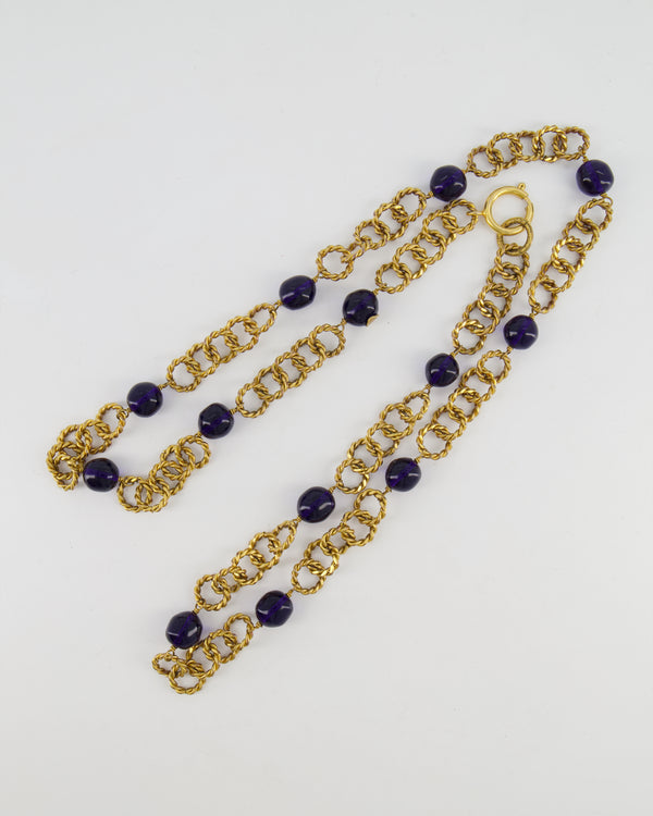 Chanel 2005 Vintage Brushed Gold Chain Necklace with Navy Blue Stones