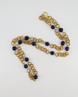 Chanel 2005 Vintage Brushed Gold Chain Necklace with Navy Blue Stones