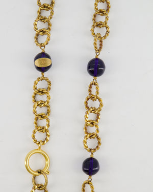 Chanel 2005 Vintage Brushed Gold Chain Necklace with Navy Blue Stones