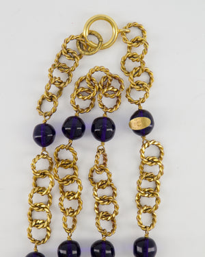 Chanel 2005 Vintage Brushed Gold Chain Necklace with Navy Blue Stones