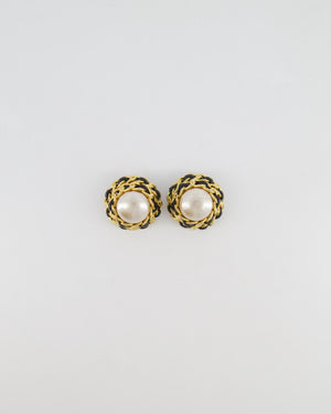 Chanel 2005 Vintage Large Round Gold Chain and Black Leather Clip On Earrings with Pearl
