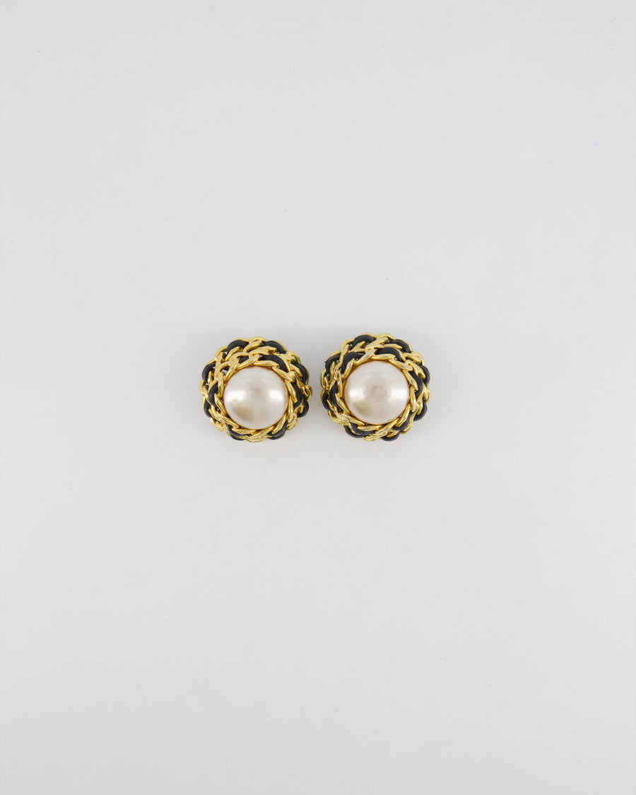 Chanel 2005 Vintage Large Round Gold Chain and Black Leather Clip On Earrings with Pearl