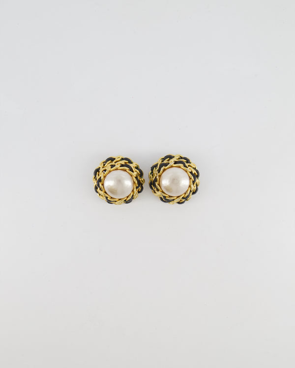 Chanel 2005 Vintage Large Round Gold Chain and Black Leather Clip On Earrings with Pearl