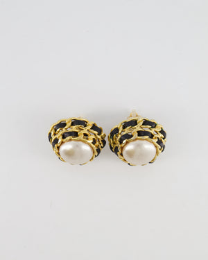 Chanel 2005 Vintage Large Round Gold Chain and Black Leather Clip On Earrings with Pearl