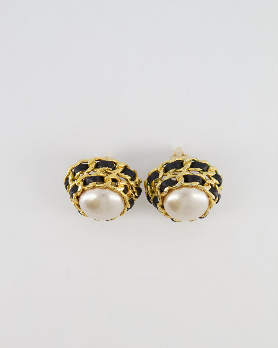 Chanel 2005 Vintage Large Round Gold Chain and Black Leather Clip On Earrings with Pearl