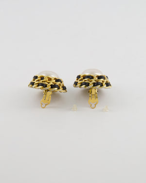 Chanel 2005 Vintage Large Round Gold Chain and Black Leather Clip On Earrings with Pearl
