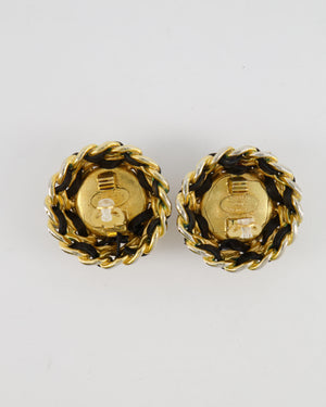 Chanel 2005 Vintage Large Round Gold Chain and Black Leather Clip On Earrings with Pearl