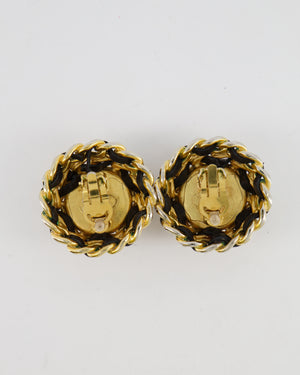 Chanel 2005 Vintage Large Round Gold Chain and Black Leather Clip On Earrings with Pearl