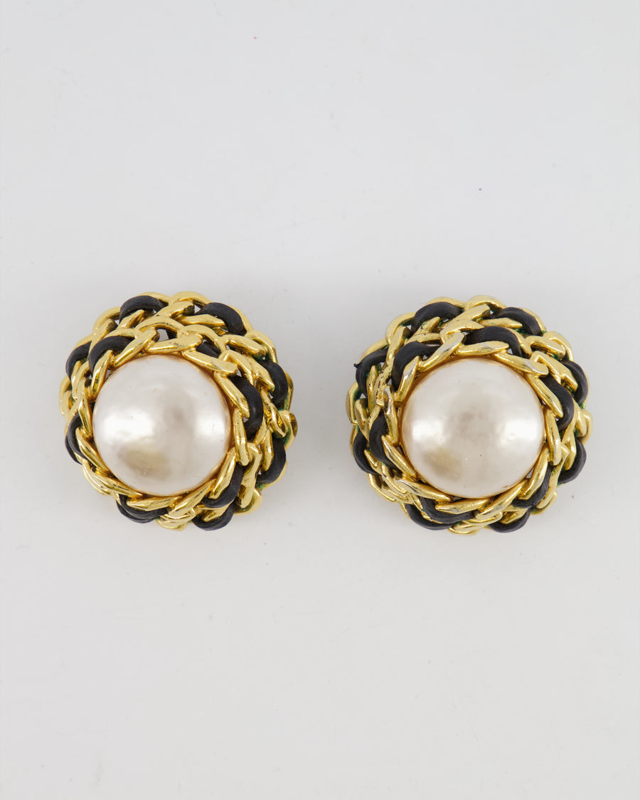 Chanel 2005 Vintage Large Round Gold Chain and Black Leather Clip On Earrings with Pearl