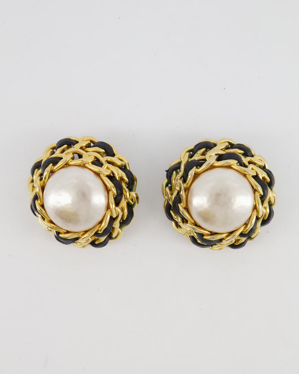 Chanel 2005 Vintage Large Round Gold Chain and Black Leather Clip On Earrings with Pearl