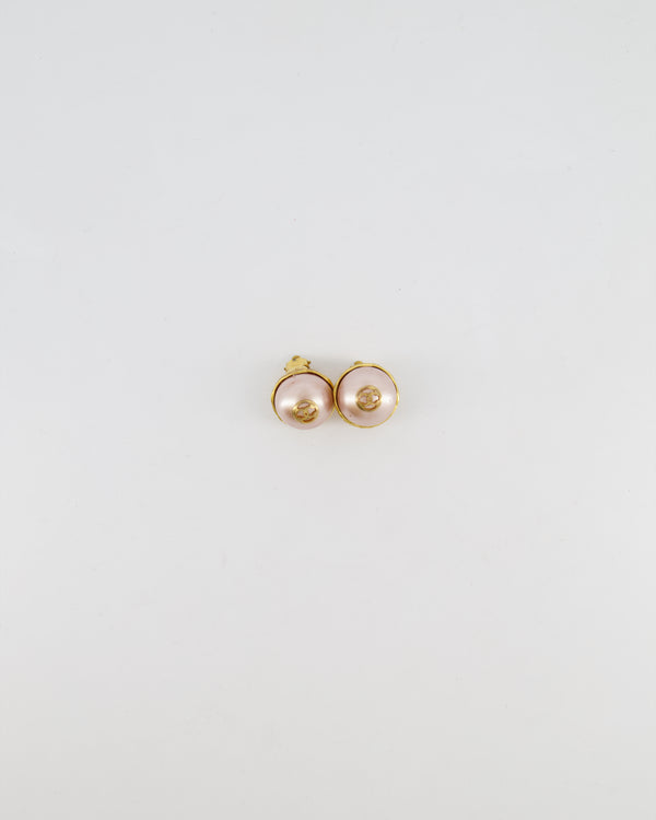 Chanel 2008 Vintage Rose Pearl and Gold CC Logo Small Round Clip On Earrings