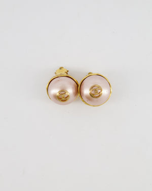 Chanel 2008 Vintage Rose Pearl and Gold CC Logo Small Round Clip On Earrings
