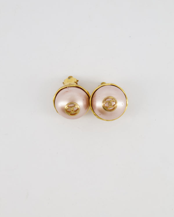 Chanel 2008 Vintage Rose Pearl and Gold CC Logo Small Round Clip On Earrings