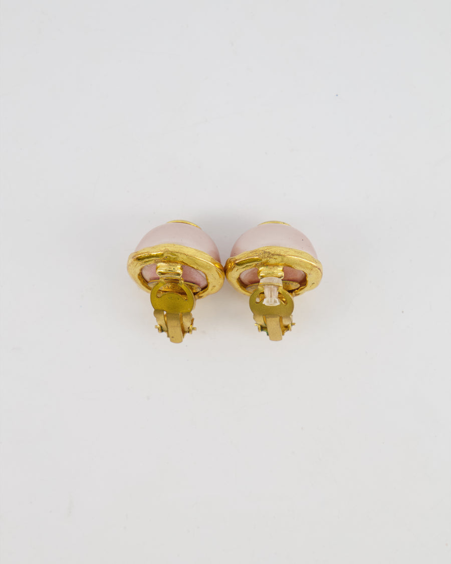 Chanel 2008 Vintage Rose Pearl and Gold CC Logo Small Round Clip On Earrings