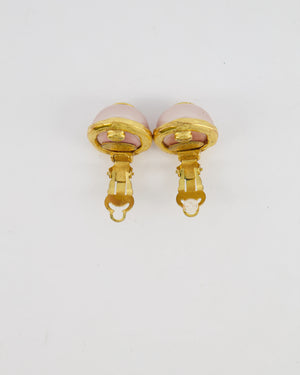 Chanel 2008 Vintage Rose Pearl and Gold CC Logo Small Round Clip On Earrings
