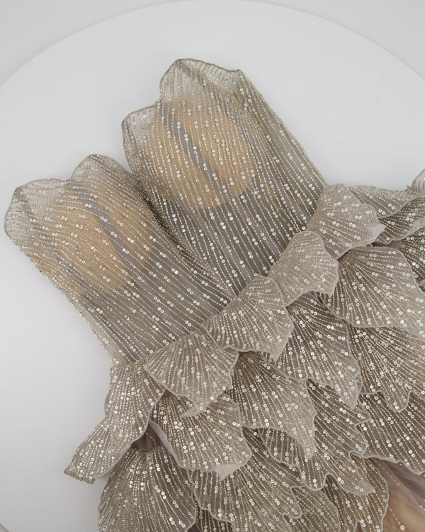 Sophie Couture Light Grey Hand Beaded Strapless Bodice Gown with Silver Leaf Embellishments  IT 40 (UK 8)