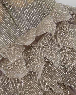 Sophie Couture Light Grey Hand Beaded Strapless Bodice Gown with Silver Leaf Embellishments  IT 40 (UK 8)