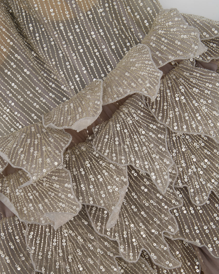 Sophie Couture Light Grey Hand Beaded Strapless Bodice Gown with Silver Leaf Embellishments  IT 40 (UK 8)