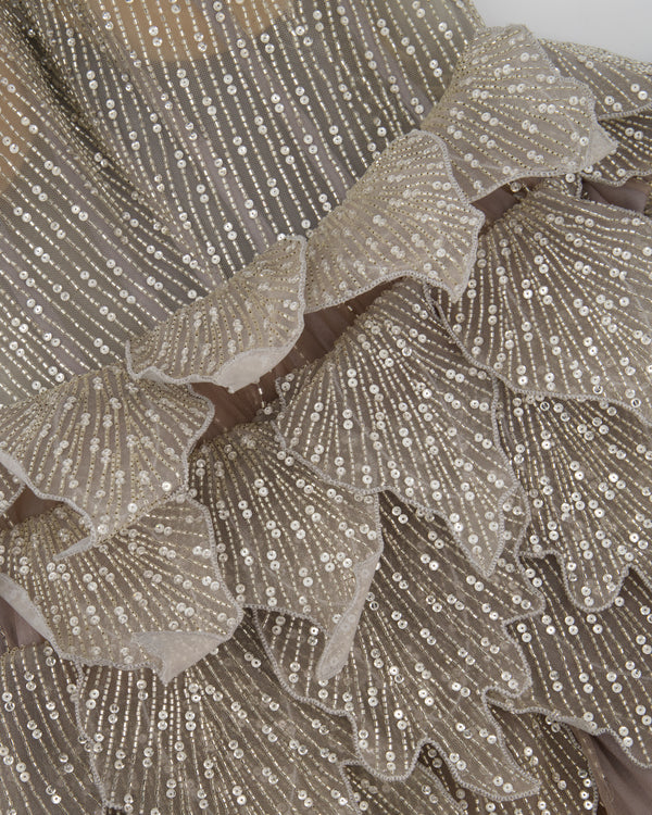 Sophie Couture Light Grey Hand Beaded Strapless Bodice Gown with Silver Leaf Embellishments  IT 40 (UK 8)