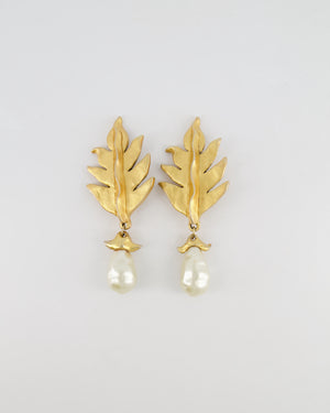 Chanel 2003 Vintage Large Brushed Gold Clip On Leaf Earrings with Pendant Pearl