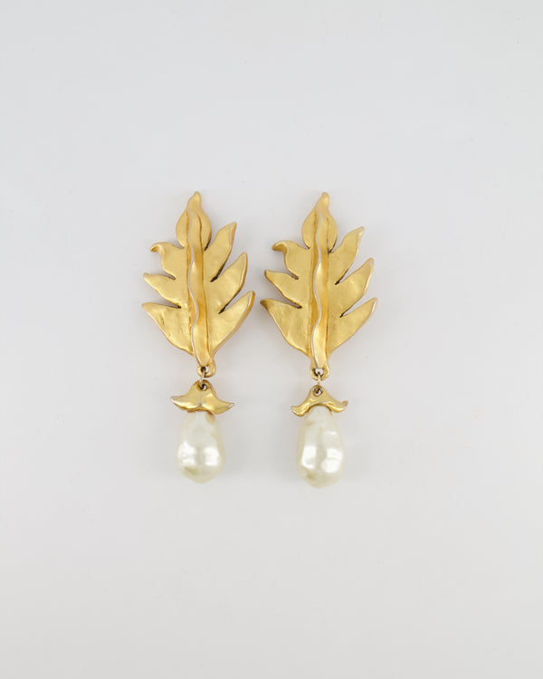 Chanel 2003 Vintage Large Brushed Gold Clip On Leaf Earrings with Pendant Pearl