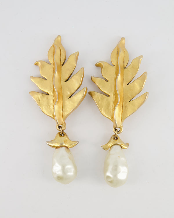 Chanel 2003 Vintage Large Brushed Gold Clip On Leaf Earrings with Pendant Pearl