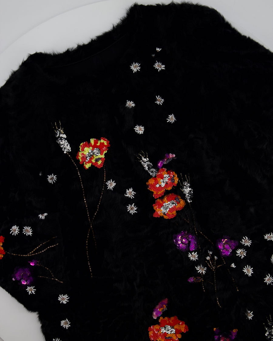 Valentino Black Shearling Long Sleeve Coat with Floral Sequin Embellishments IT 40 (UK 8)