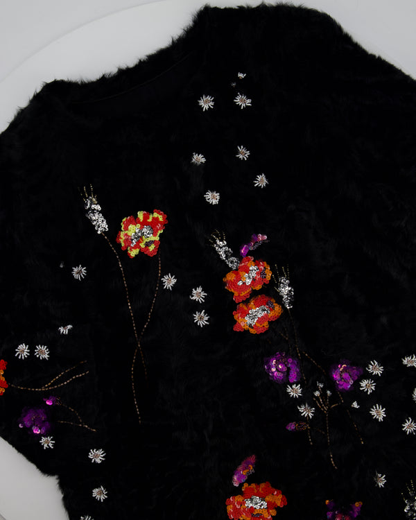 Valentino Black Shearling Long Sleeve Coat with Floral Sequin Embellishments IT 40 (UK 8)