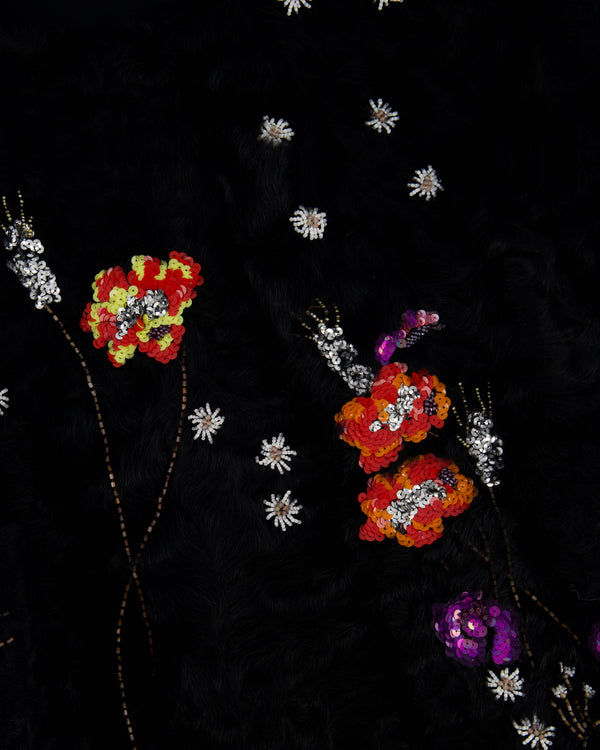 Valentino Black Shearling Long Sleeve Coat with Floral Sequin Embellishments IT 40 (UK 8)