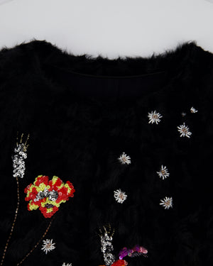 Valentino Black Shearling Long Sleeve Coat with Floral Sequin Embellishments IT 40 (UK 8)