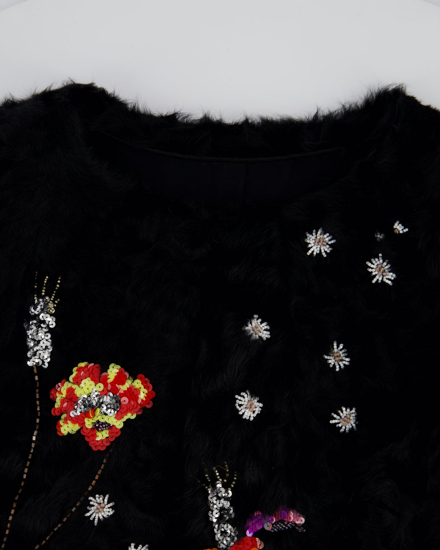 Valentino Black Shearling Long Sleeve Coat with Floral Sequin Embellishments IT 40 (UK 8)