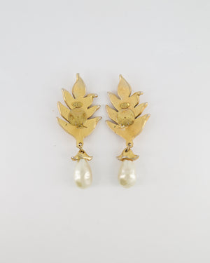 Chanel 2003 Vintage Large Brushed Gold Clip On Leaf Earrings with Pendant Pearl
