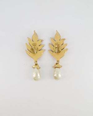 Chanel 2003 Vintage Large Brushed Gold Clip On Leaf Earrings with Pendant Pearl